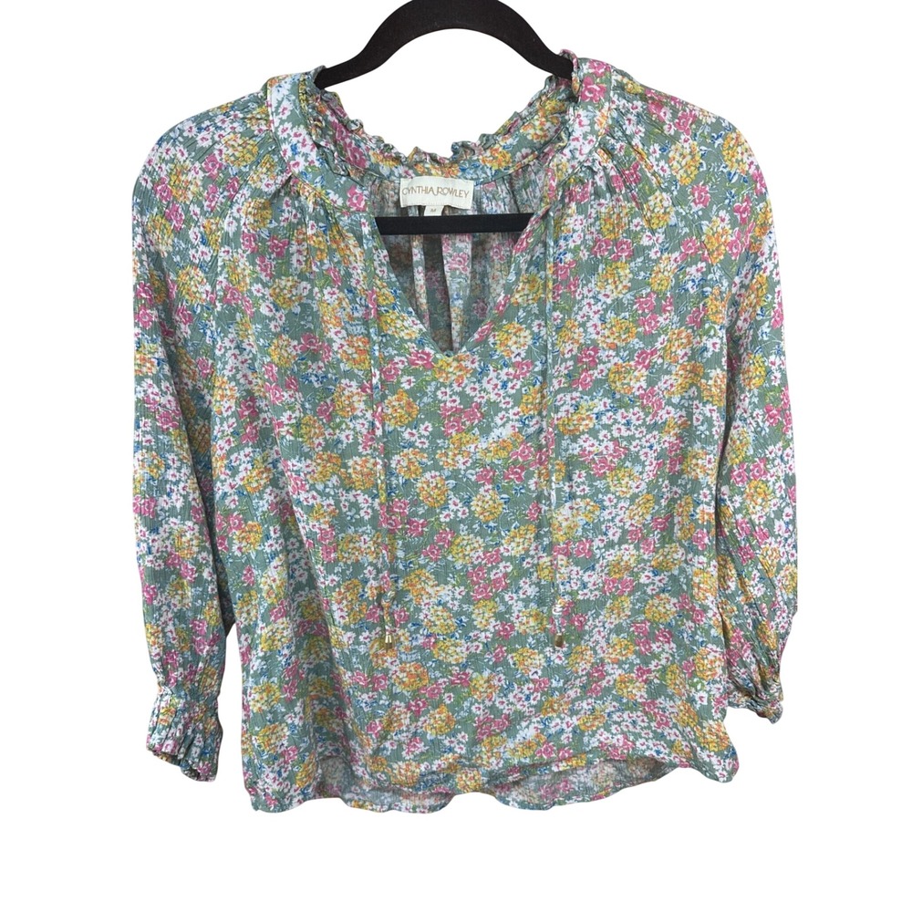 Cynthia Rowley Women Floral V-Neck Blouse Green Pink Yellow Boho
Medium